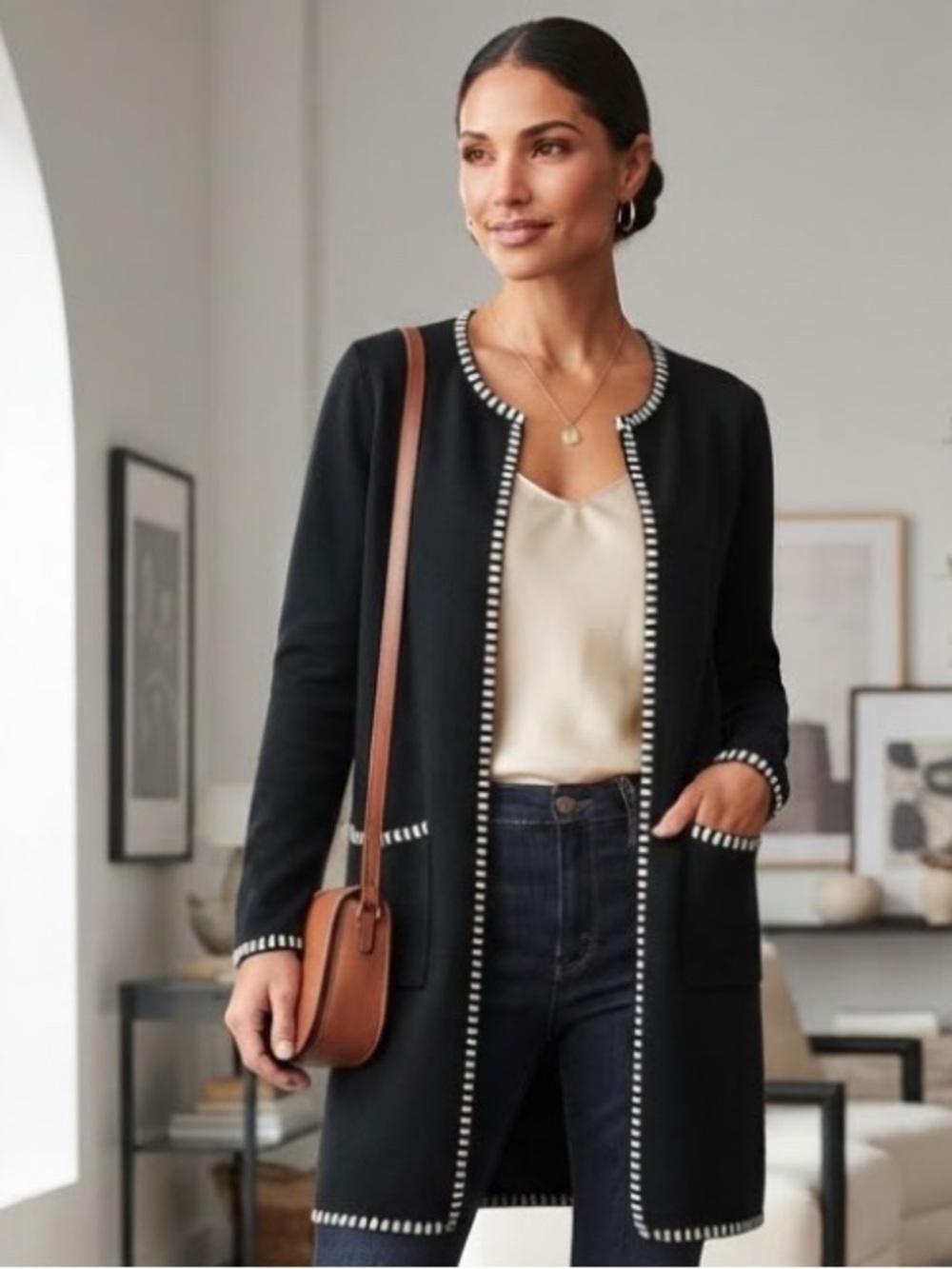 Magaschoni Black Open-Front Long Cardigan with Blanket Stitch White +Blank Trim